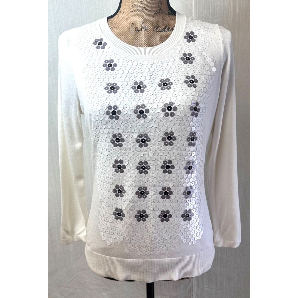 Per Se Women Ivory Sequin Floral Crew Neck Long Sleeve Stretch Sweater Sz M